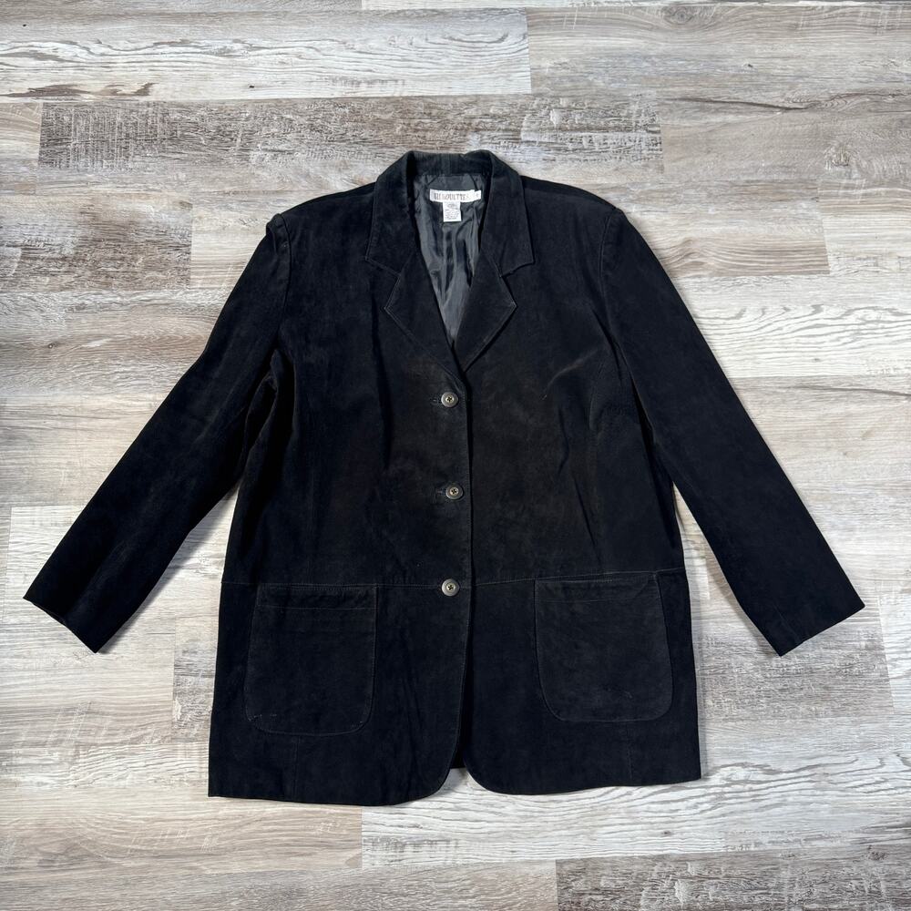 Vintage 90s Black Suede Leather Blazer Jacket Longline 18 Minimalist Old Money